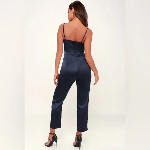 Lulus Touch of Heaven Navy Blue Satin Sleeveless Jumpsuit NWT Size M - Picture 3 of 8